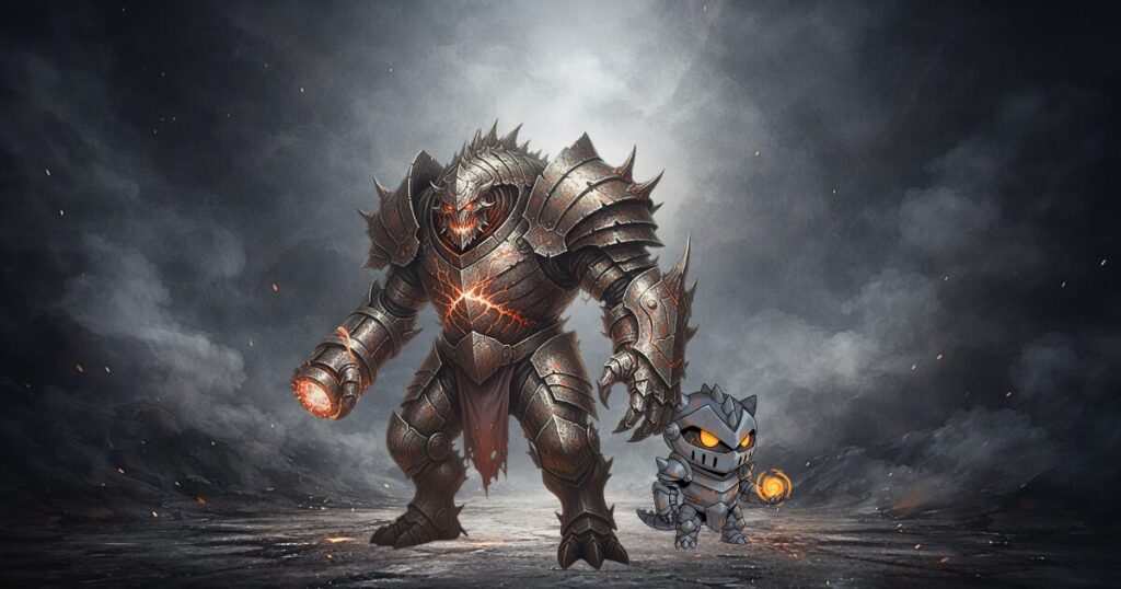 オリジナル元素キャラクター図鑑のビジュアル。重厚な鎧のキャラクターとデフォルメされた小さなキャラが並ぶイラスト