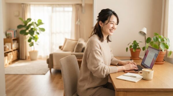パソコンを使ってオンラインで学ぶ女性
